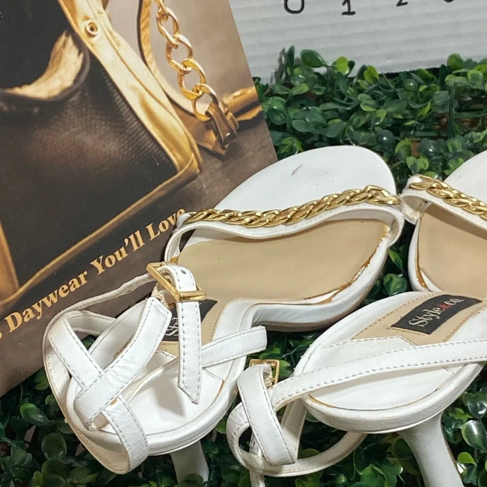 Style & Co. White Open-Toe Heels with Gold Chain Accent